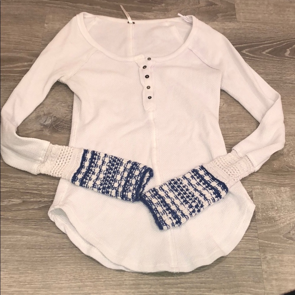 White Free People Long sleeve w/ Blue crochet